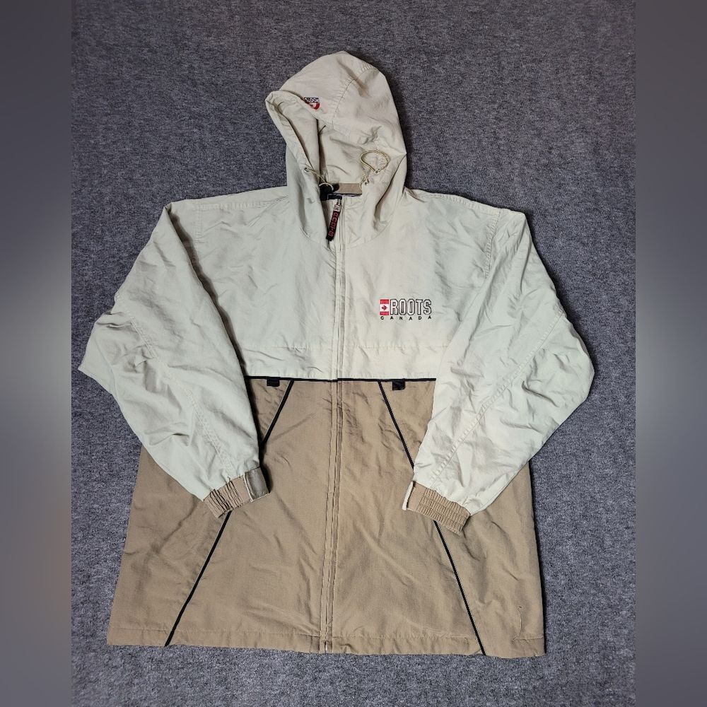 Roots Canada Athletics Mens Size L Beige Fleece Hooded Windbreaker Full Zipper F